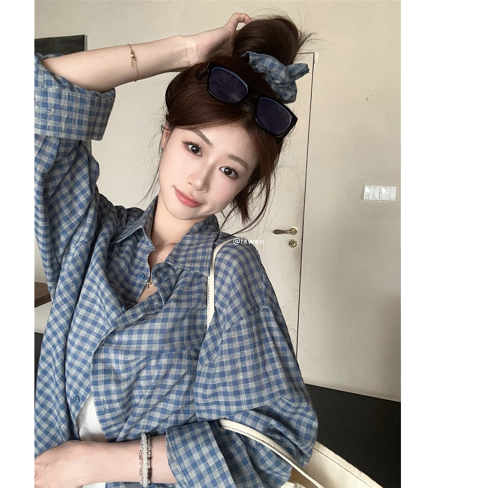 格子长袖衬衫女2025新款设计感小众开衫上衣衬衣休闲百搭秋季复古