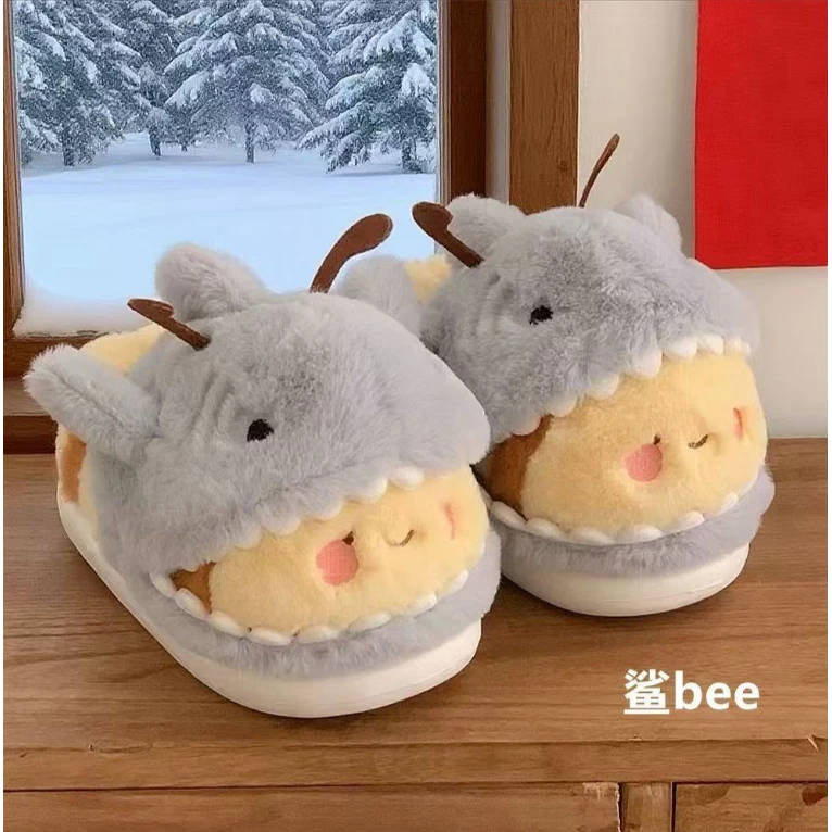 鲨 bee棉拖鞋男女趣味可爱鲨鱼蜜蜂情侣保暖居家包跟毛毛鞋冬季y