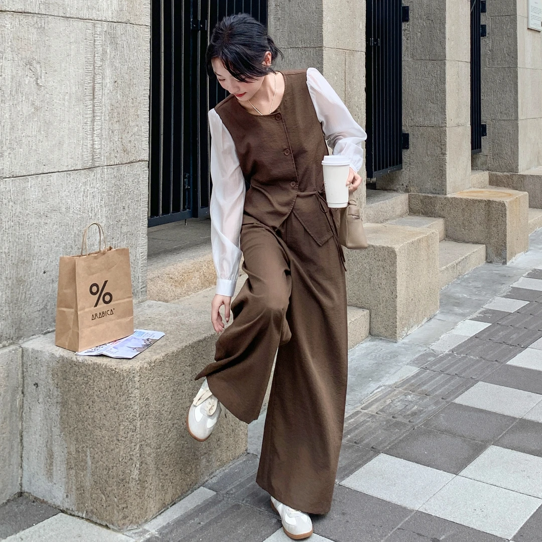 咖色美拉德老钱风套装裤2025新款女秋气质假两件上衣休闲裤一整套