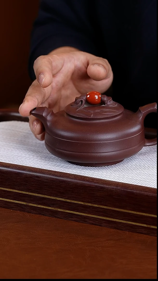 茶壶紫砂双线竹鼓鸿运当头壶紫泥