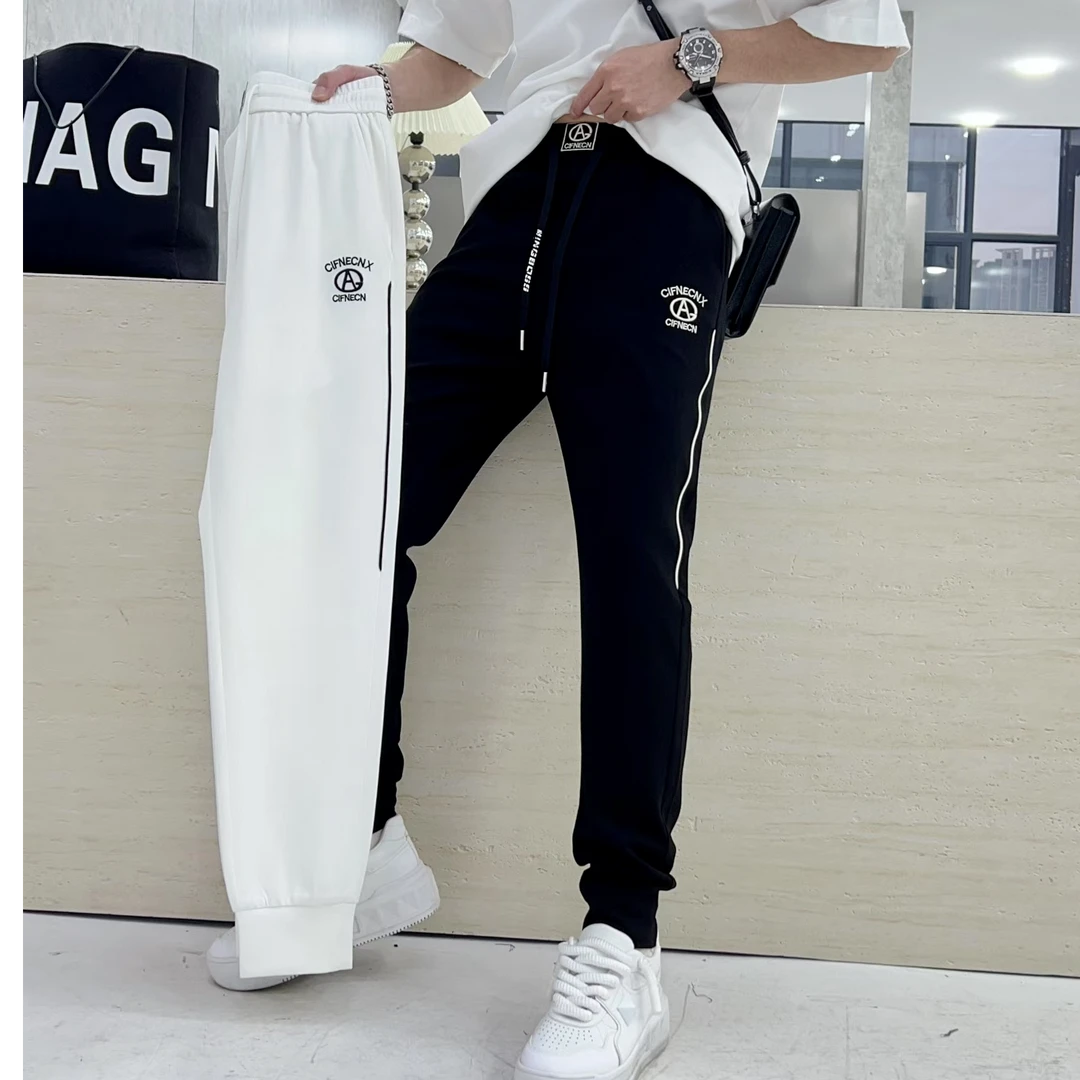 2025男士夏季新款修身高品质百搭简约字母休闲裤冰丝百搭束脚卫裤