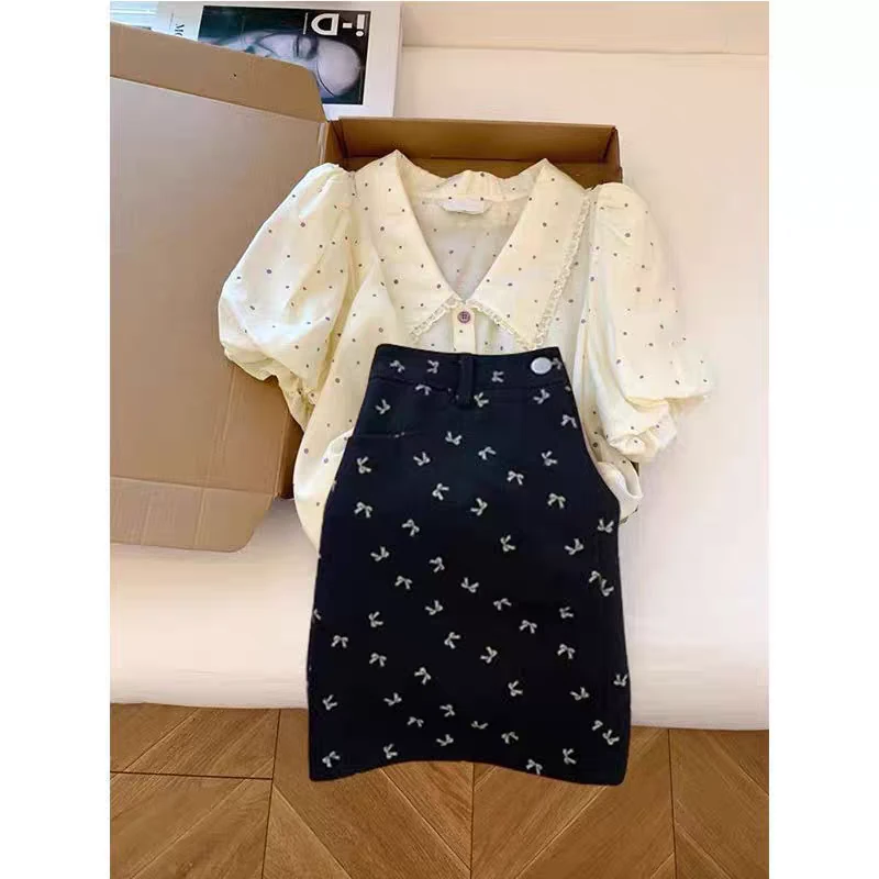 波点夏季穿搭一整套女装高级感轻熟风翻领短袖上衣半身裙两件套装