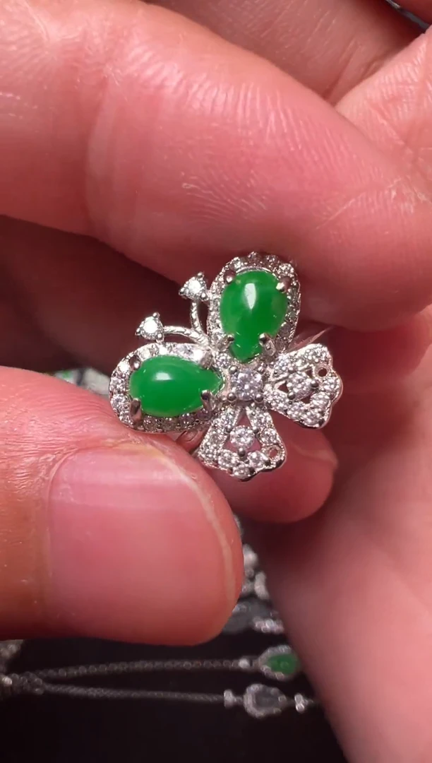 银S925镶嵌戒指翡翠蝴蝶戒指