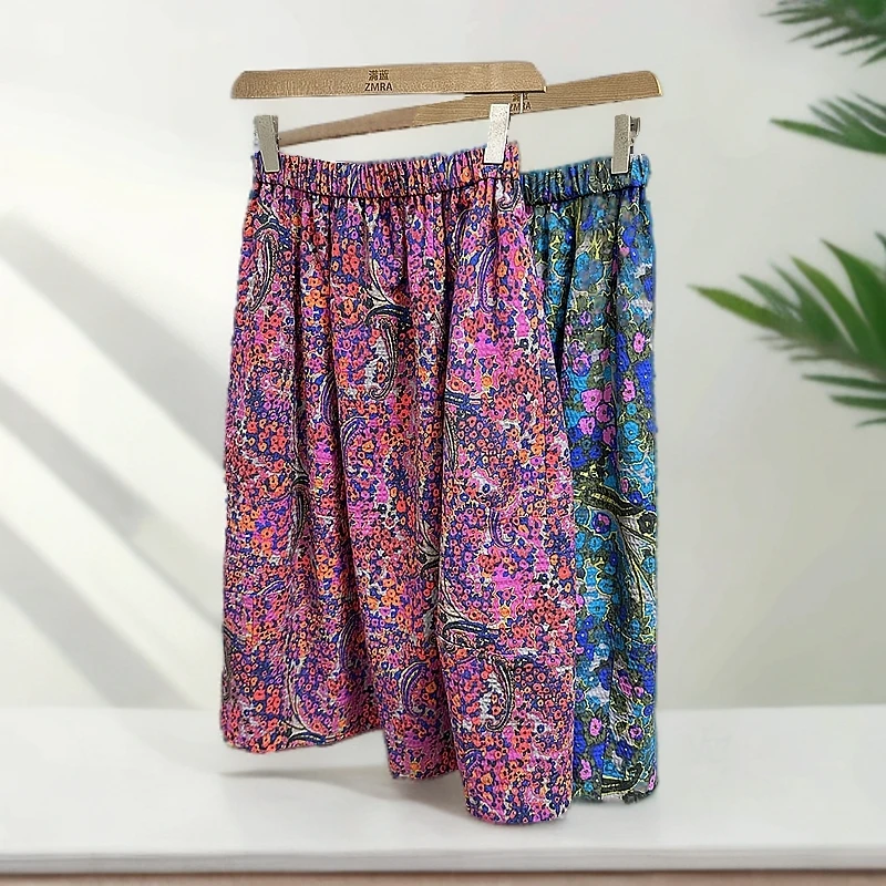 2Q012长款春夏新款女士宽松松紧腰花色半身裙