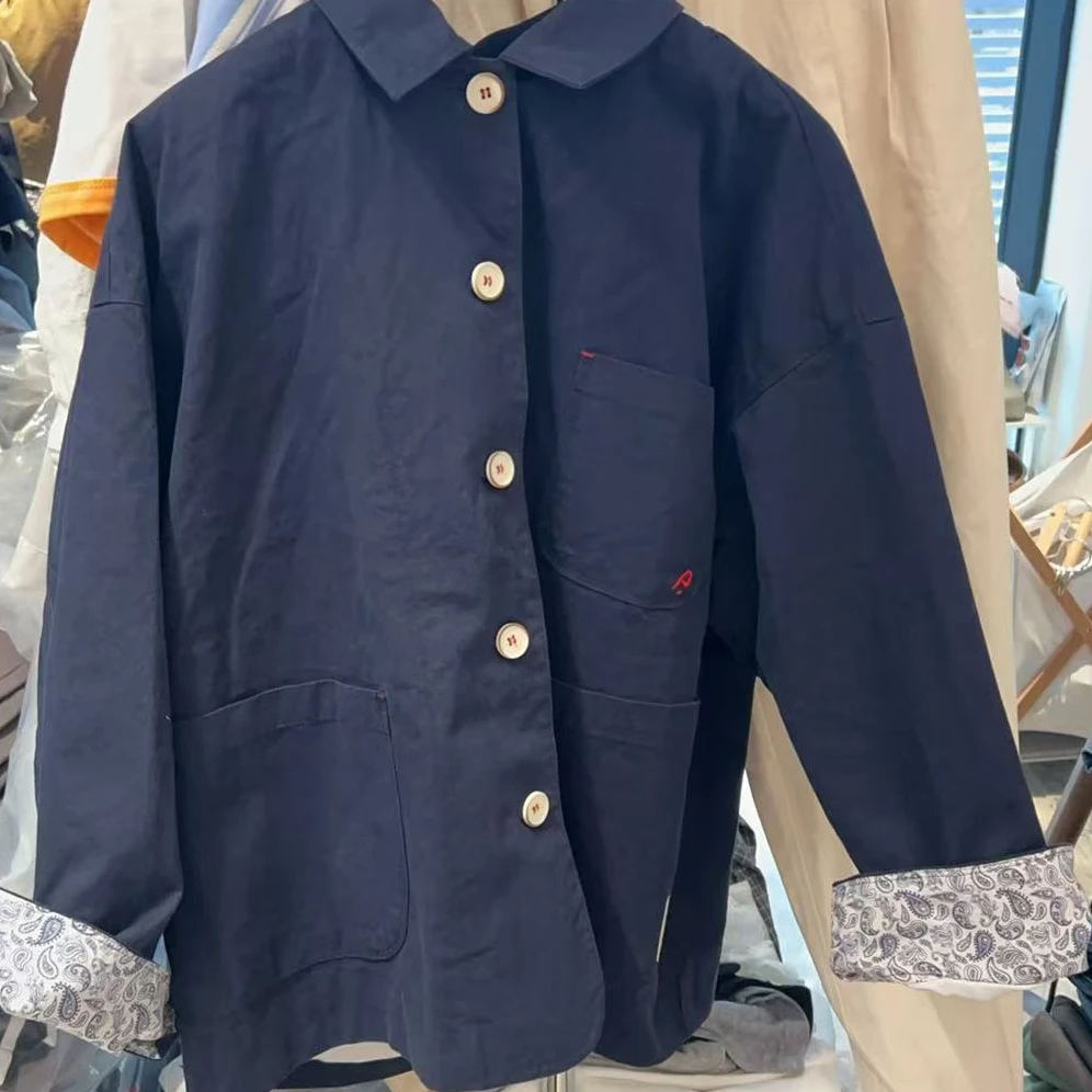 【NO退NO换】韩国东大门2025春款藏蓝色小红线口袋外套