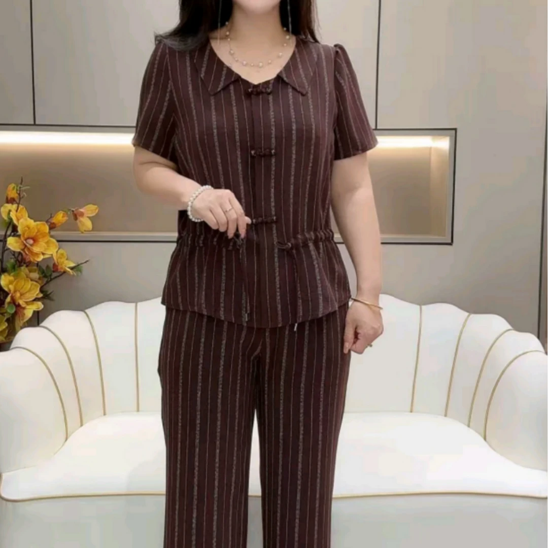 高档洋气阔太太休闲短袖两件套2025夏季新款百搭拼接条纹时尚套装
