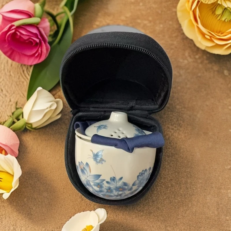 TJ218-蝶恋花一人饮旅行快客手工蓝色户外陶瓷创意车载便携式