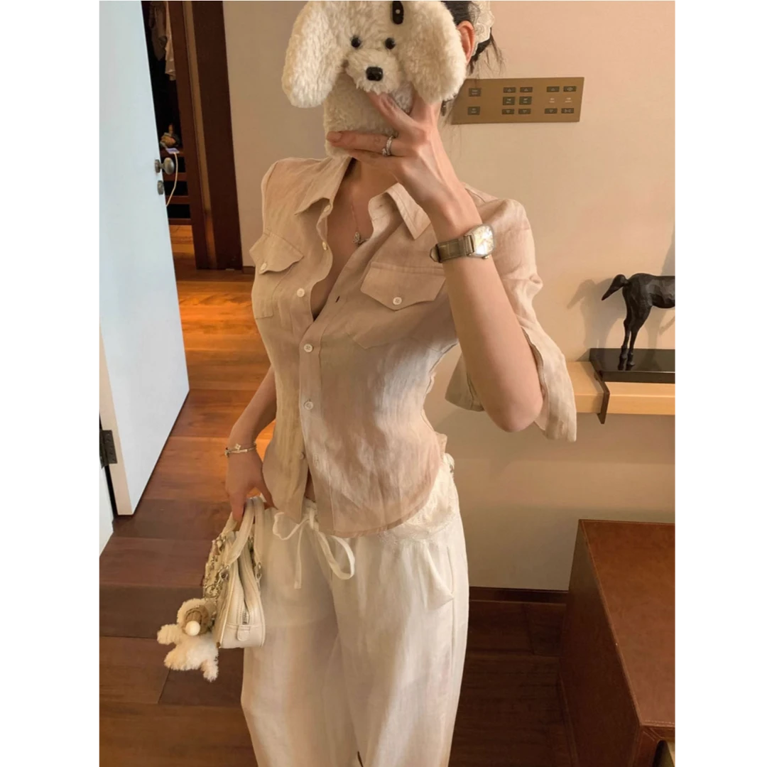 羊咩咩YanG【清仓默认微瑕】带收腰衬衫女文艺气质双口袋短款上衣