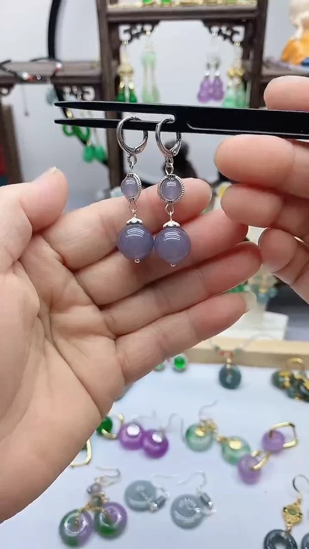 石英质玉（非洲翠）银S925镶嵌耳饰146