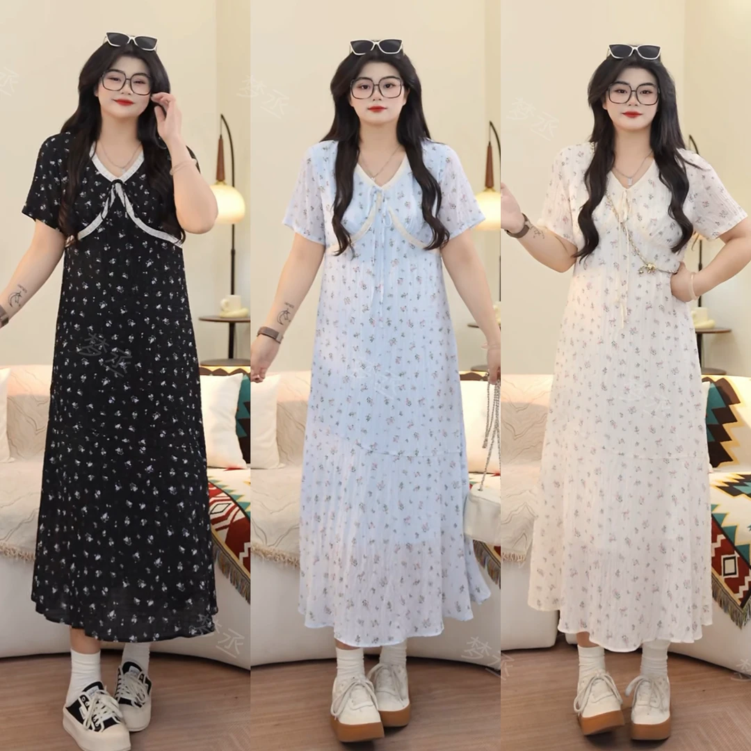 梦丞【花瓶基因】夏季V领系带优雅碎花大码女装洋气减龄短袖连衣裙