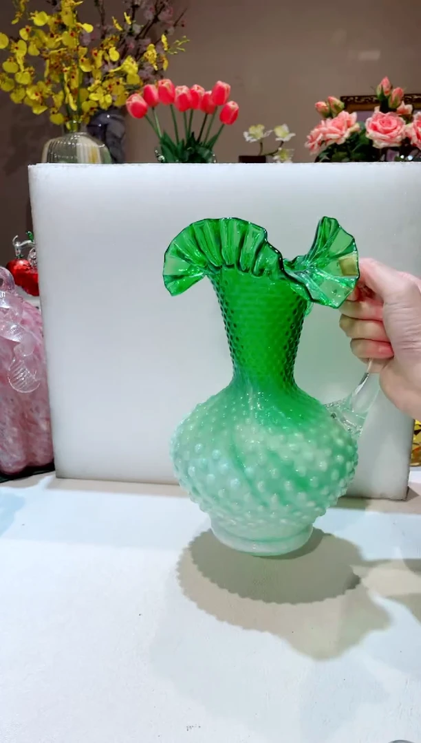 【闪购商品】琉璃手工艺品绿白菜把手花瓶