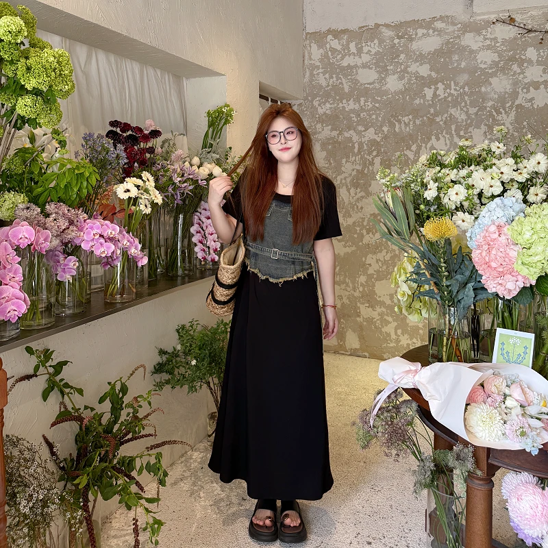 敏敏&南岛风大码女装拼接牛仔连衣裙胖mm夏宽松显瘦长裙ZYY1621