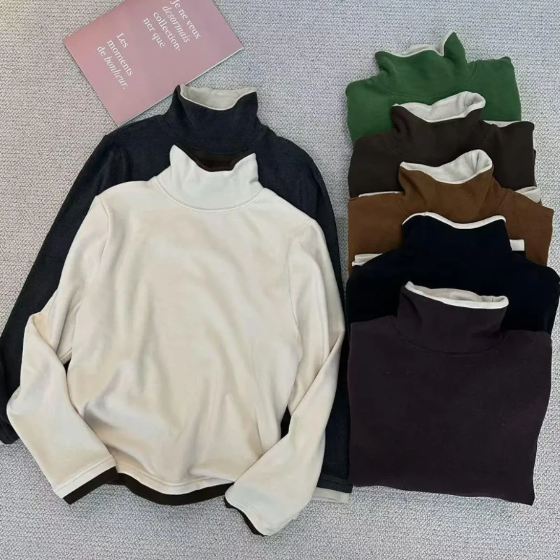 绿色高领长袖打底衫女秋冬德绒加厚拼色上衣保暖百搭正肩磨毛T恤