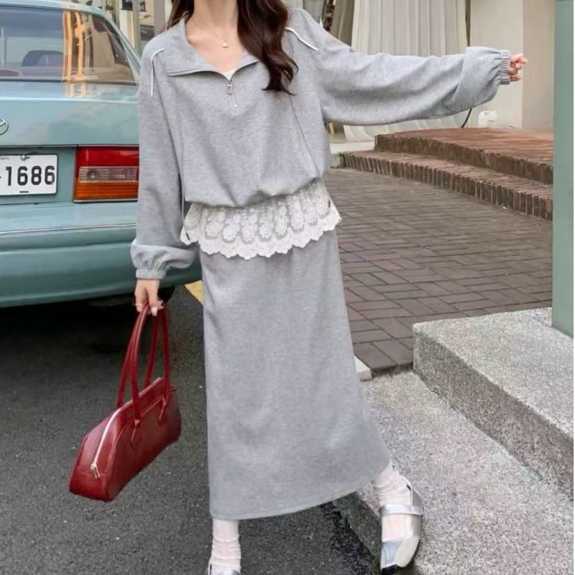 [DARUI]拼接蕾丝花边卫衣套装女2025春季休闲半身裙两件套8512