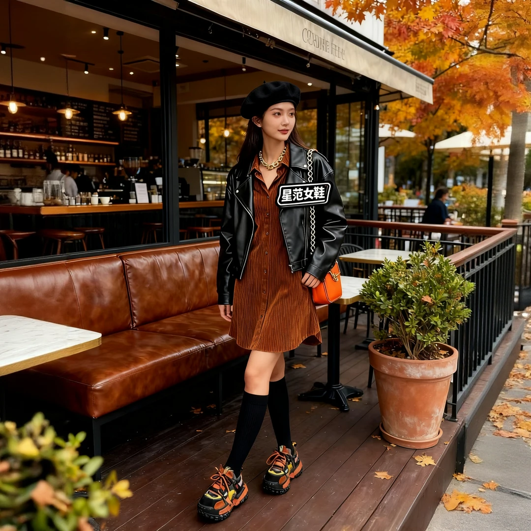 老爹鞋跟高6厘米软底黑色棕色红色酷酷公主风秋冬加绒款猪皮拼接i