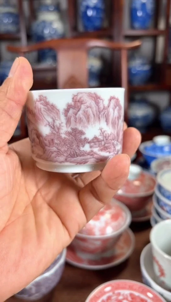 柴窑釉里红山水融天杯杯