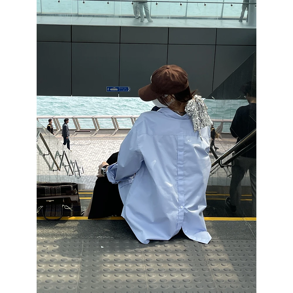 FREEDMST高智感宽松通勤百搭长袖上衣后背系扣设计感蓝衬衫