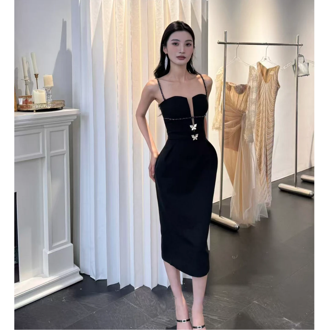【JINGGUO轻奢】小众设计感气质黑色名媛修身轻奢收腰连衣裙7462