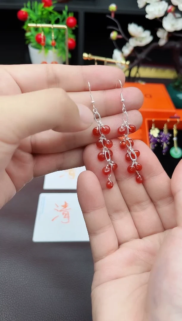 玛瑙/玉髓耳饰银S925镶嵌红流苏