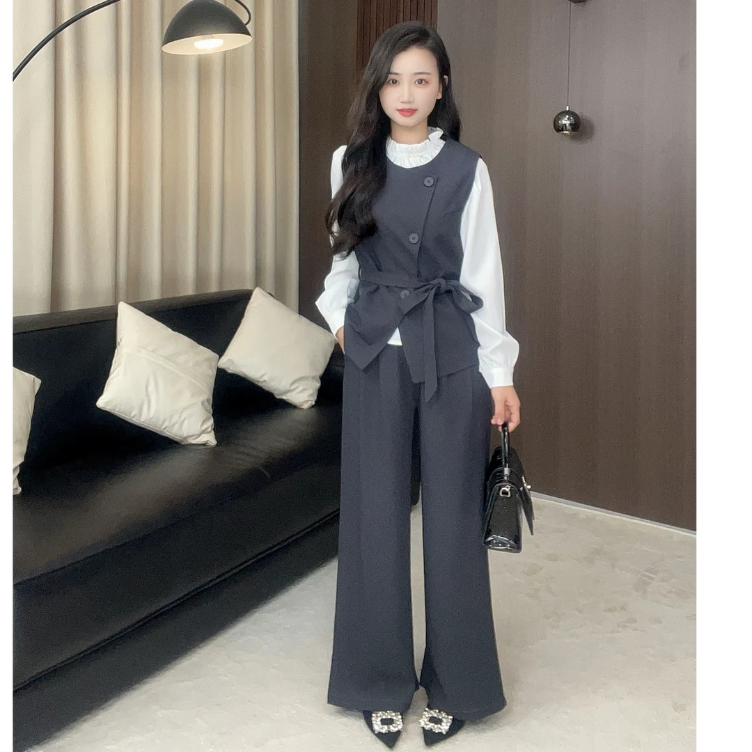【奕诺天成】小个子优雅风气质衬衫收腰马甲阔腿裤显瘦三件套