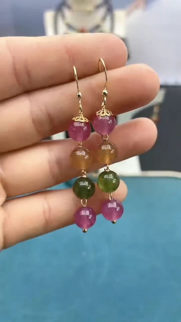 【闪购商品】碧玺耳饰14K金镶嵌8mm耳钩*编号202