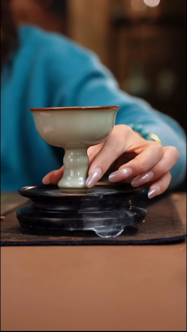 福利价 蒲石柴窑极限烧精品 限量 玉石青竹节高脚杯 高端汝瓷