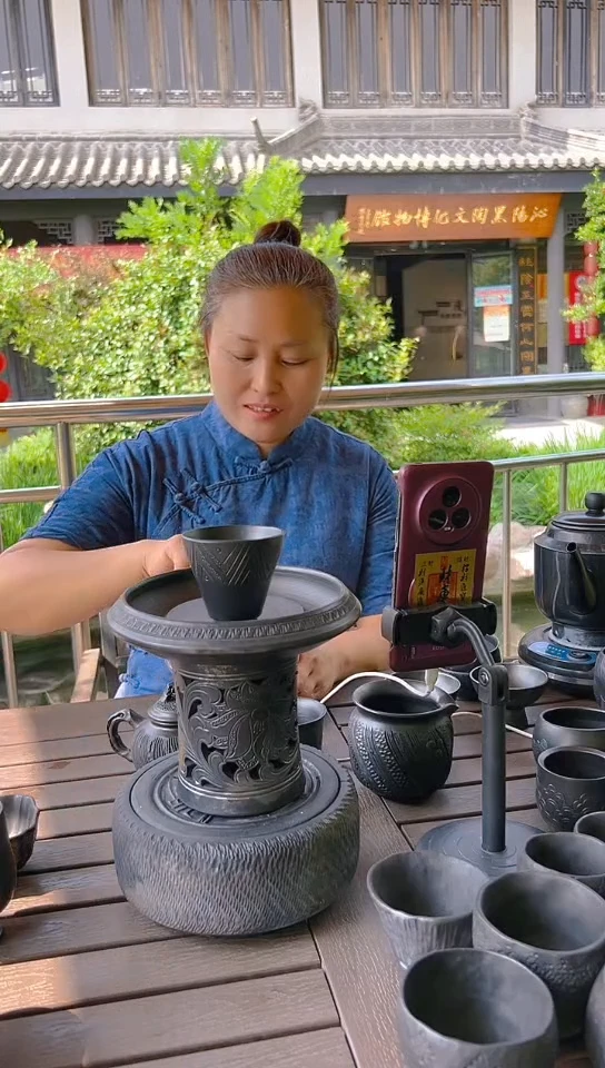 泥塑神农黑陶特制肌理斗笠杯