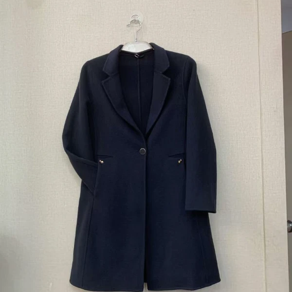 祥好服饰 藏青色西装领中长款毛呢外套 6105