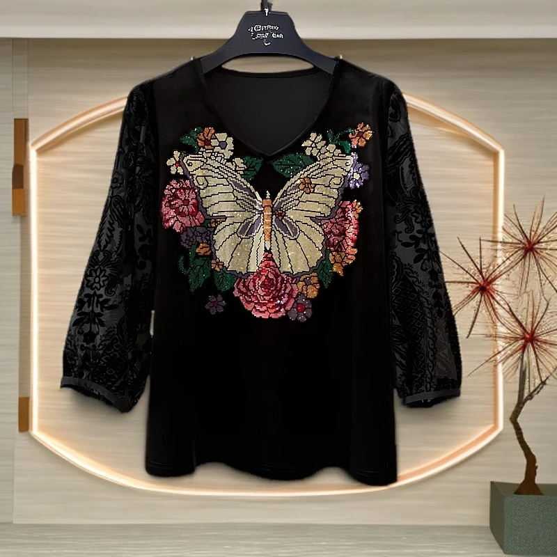 246086轻奢洋气短款百搭时尚气质黑色中老年妈妈装高档上衣大码