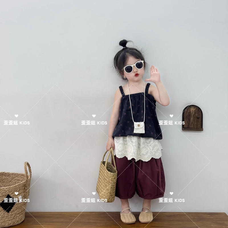 【歪歪妞童装】252520小童复古森系碎花吊带背心日系女童娃娃衫上衣