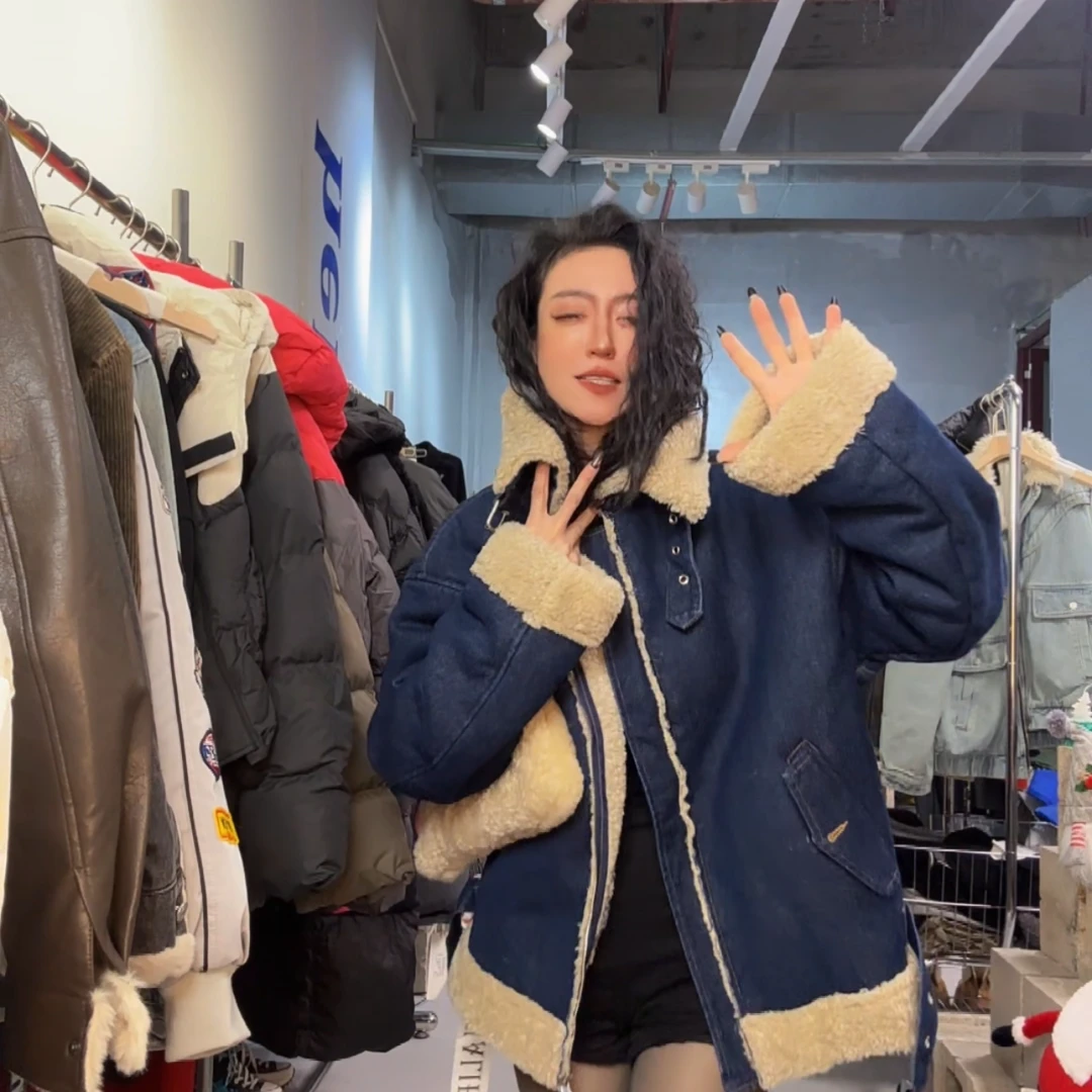 清 十三行 NINA家正版 加毛绒厚实深蓝牛仔大外套