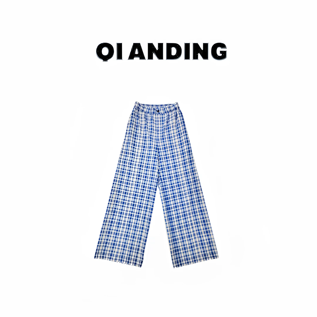 【QIANDING】 25春夏格纹撞色松紧腰宽松休闲裤25687