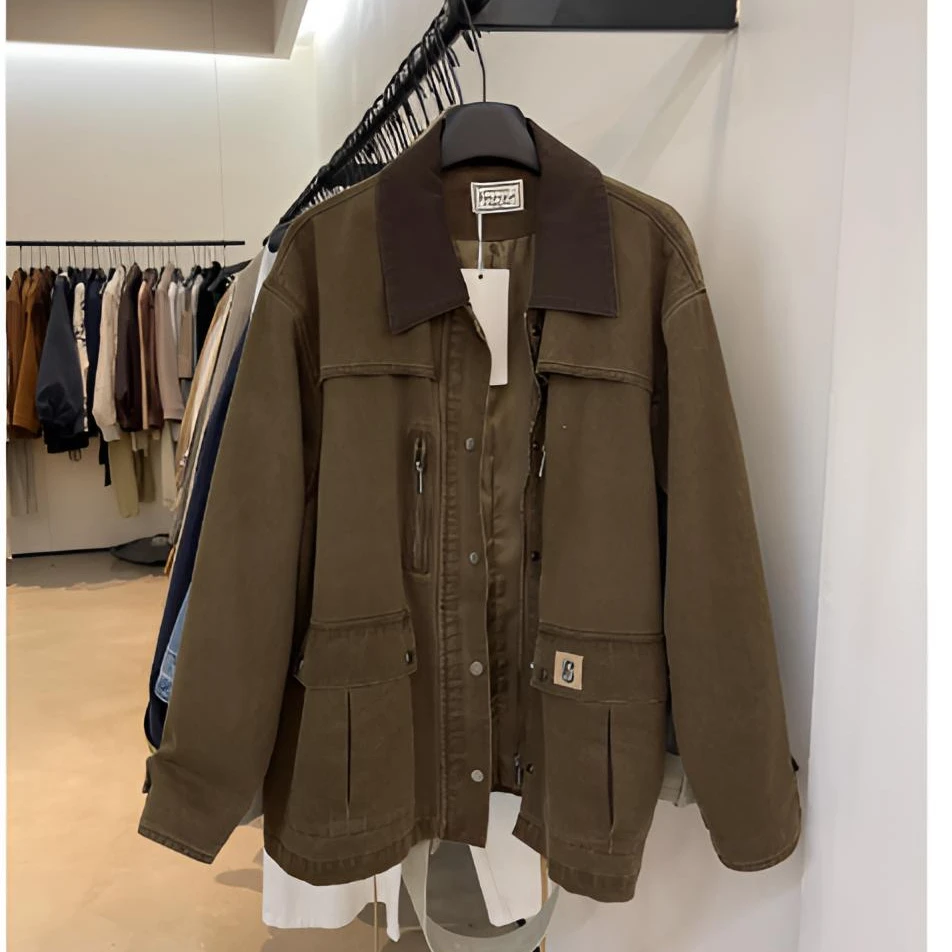 【派派私服】翻领中长外套女款复古山羊反绒夹克韩版卡其拼接风衣