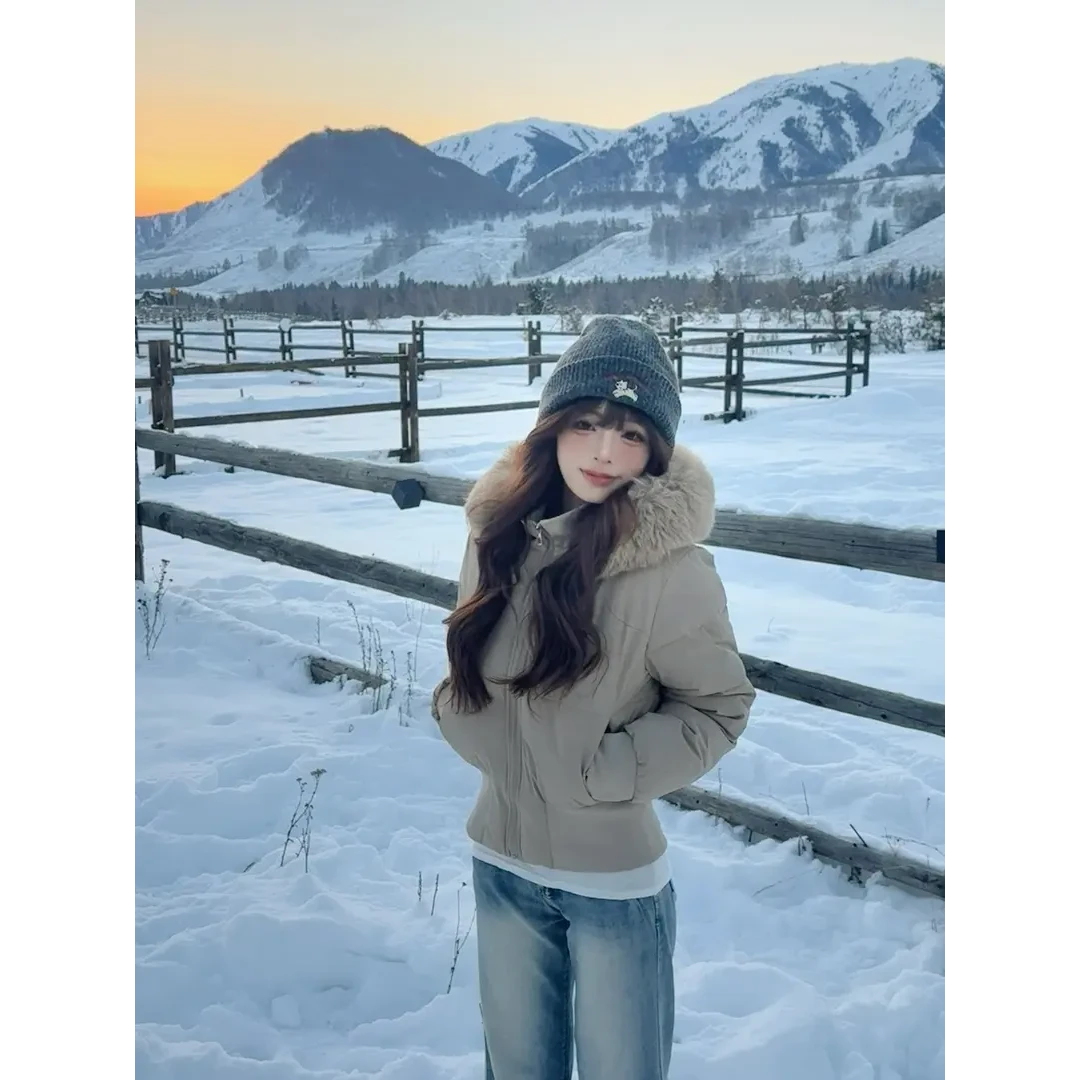 2025年冬季大毛领连帽收腰棉袄女高级感时尚气质加厚内里加绒棉服