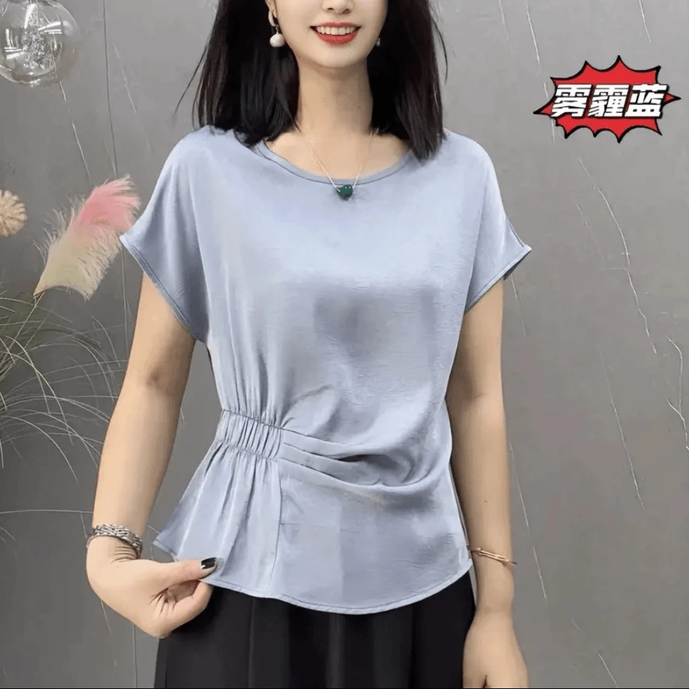 夏季新款抓花缎面气质收腰短袖恤女百搭时尚显瘦遮肚子洋气小衫