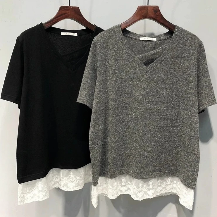欧若风V领蕾丝下摆短袖T恤女春夏季新款假两件设计感宽松显瘦上衣