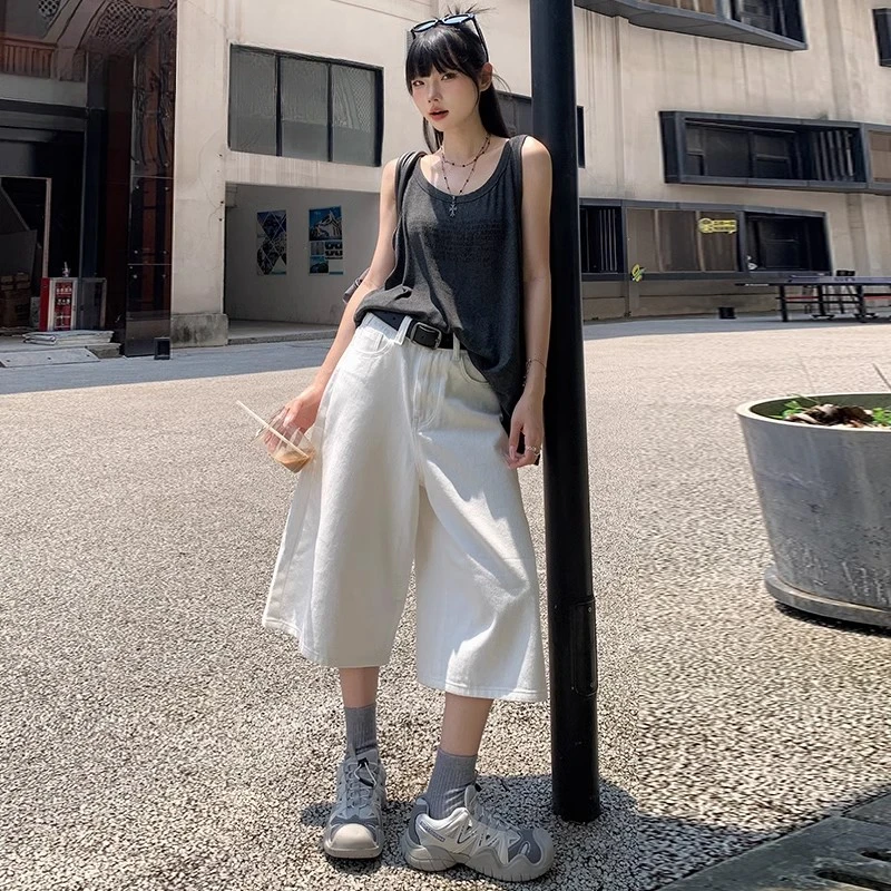 白色透气显瘦无弹力薄款裤子高腰五分裤七分裤设计感夏季短裤