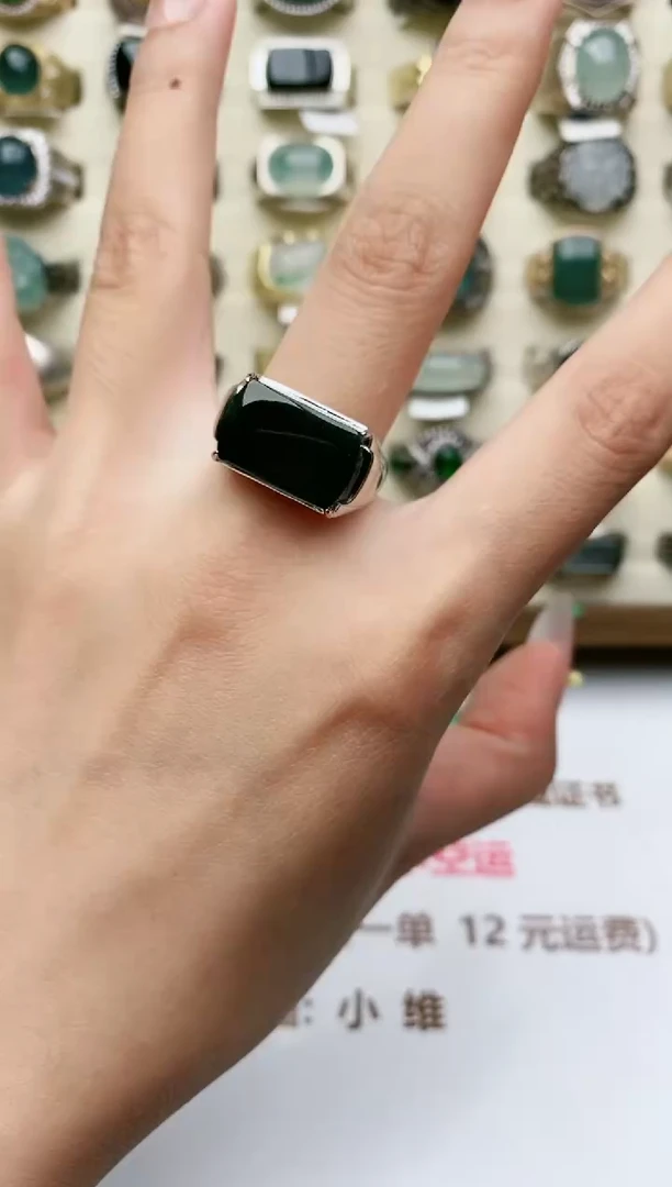 翡翠戒指银S925镶嵌天然翡翠男戒