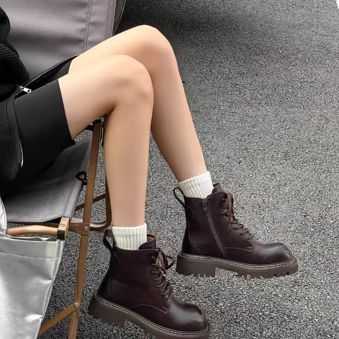 厚底马丁靴女2024新款春秋单靴百搭增高复古工装靴爆款短靴577-6