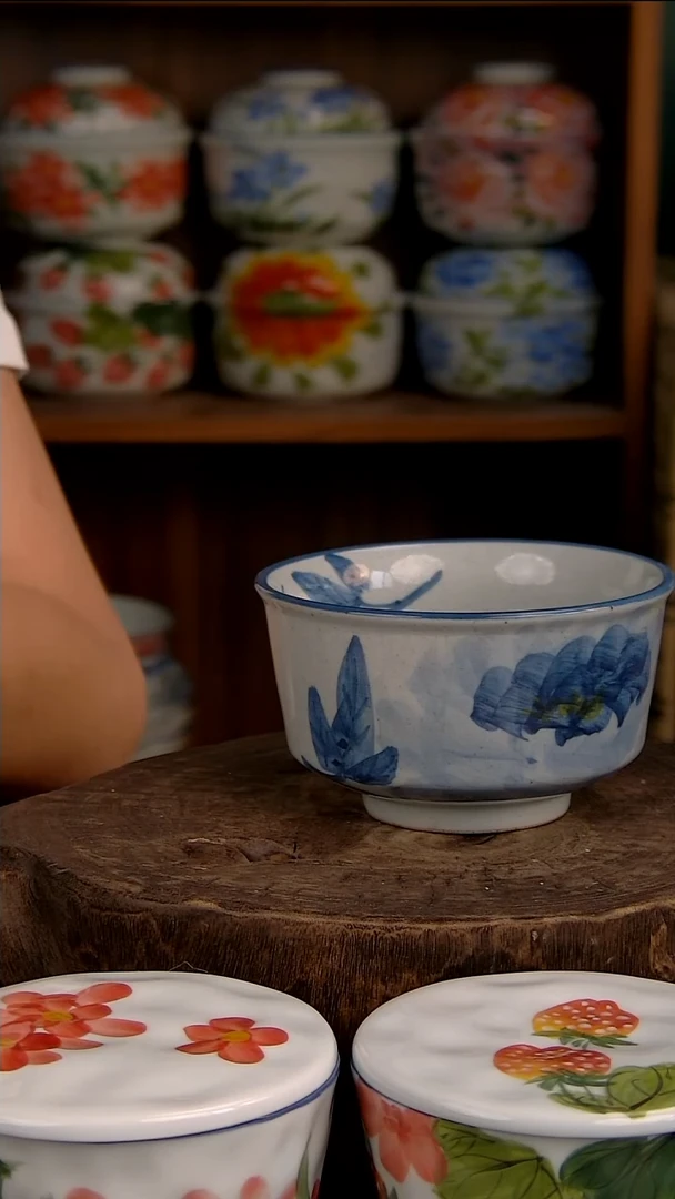 瓷片5英寸竹节碗-青花牡丹