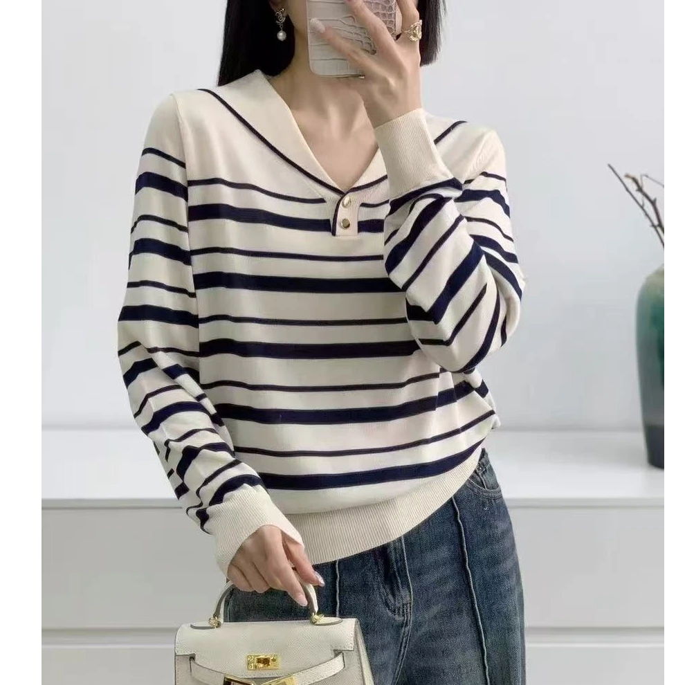 【亦然】莱赛尔纤维减龄海军领翻领条纹套头针织衫新款-2365