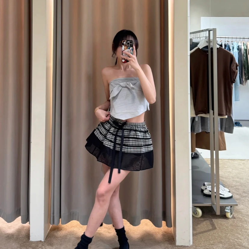 GXW2025SS 小众双腰头拼接荷叶边a字短裙