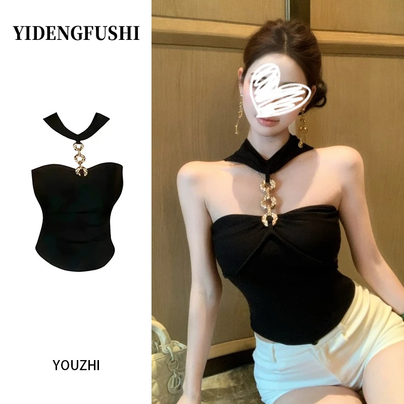 YIDENG设计感黑色挂脖抹胸背心女夏季新款修身内搭无袖纯欲上衣潮