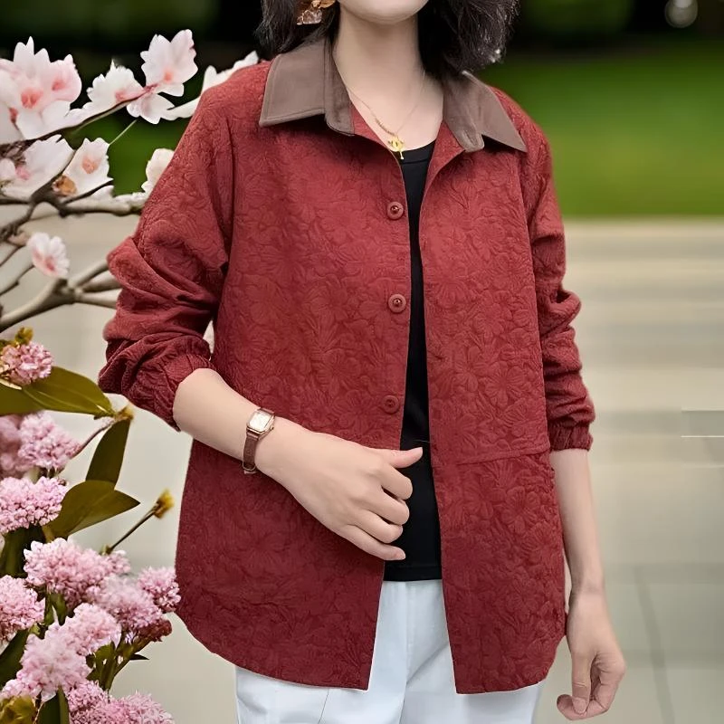 春季新款妈妈装百搭翻领衬衫外套纽扣款开衫单层薄款显瘦短款上衣