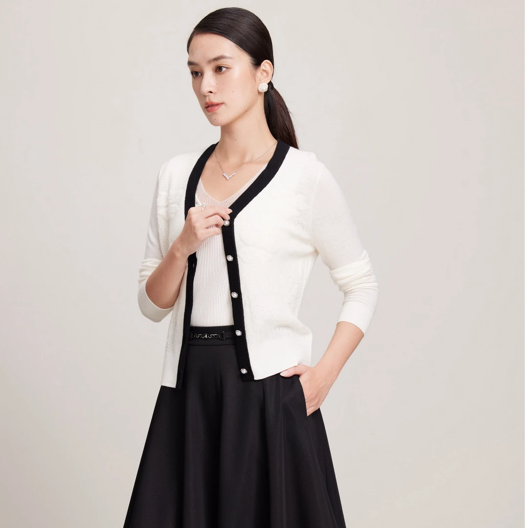 赢智尚新款黑白撞色时尚长袖简约中款针织开襟上衣ZZ00480