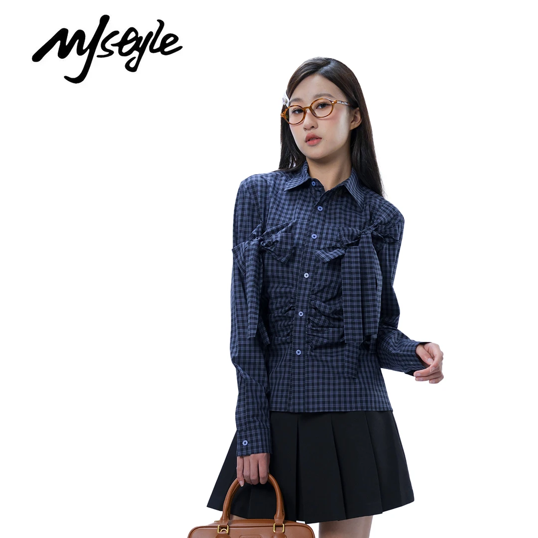蝴蝶结修身百搭格子衬衫捏褶设计感衬衣长袖小众上衣春秋季女士