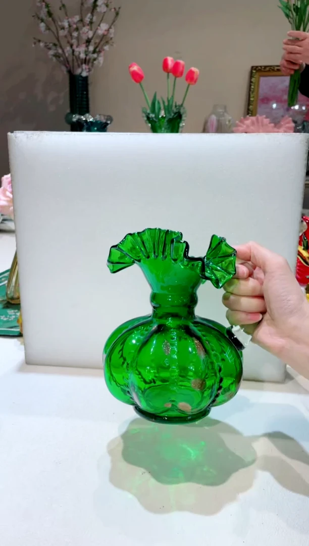 【闪购商品】琉璃手工艺品绿色撒金把手芬顿花瓶  微瑕