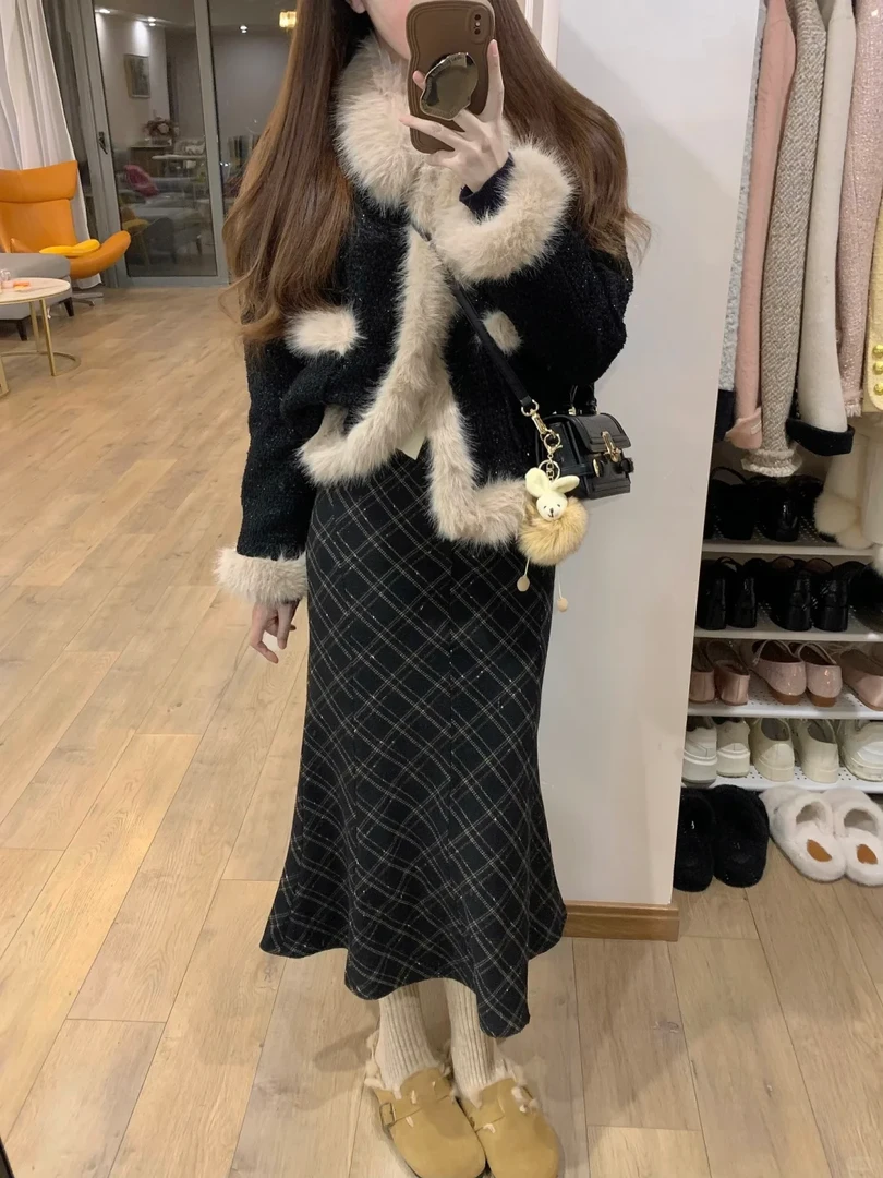2025秋冬新款韩系高级感复古毛毛外套上衣格子半身裙气质两件套女