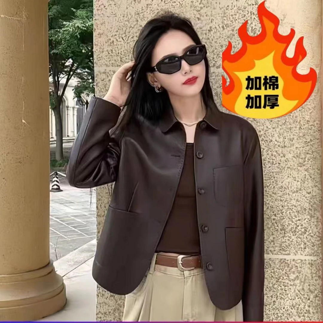 【加棉保暖】海宁正品2025秋冬加棉加厚时尚翻领气质皮衣外套女01