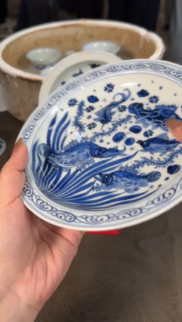 杯子三方器合青花鱼藻壶承